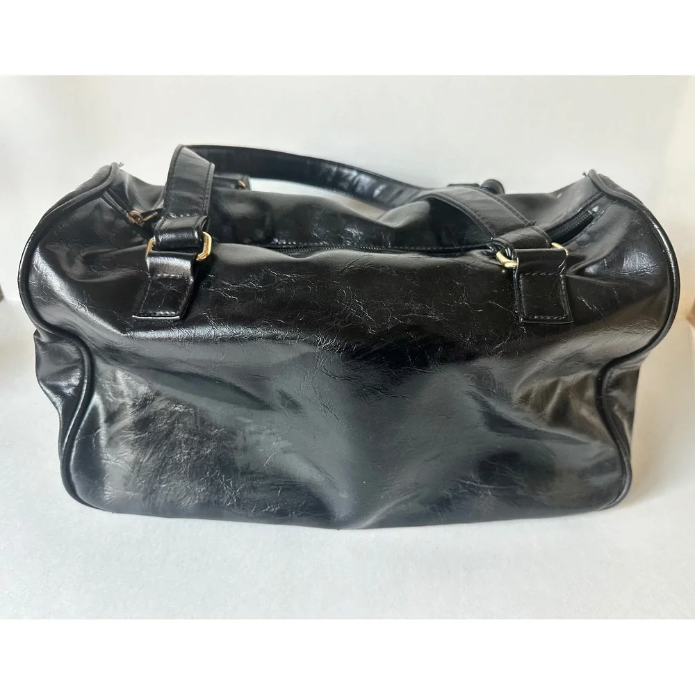 Butler Essentials Black Faux Leather Satchel Handbag Gold Tone Hardware Charm